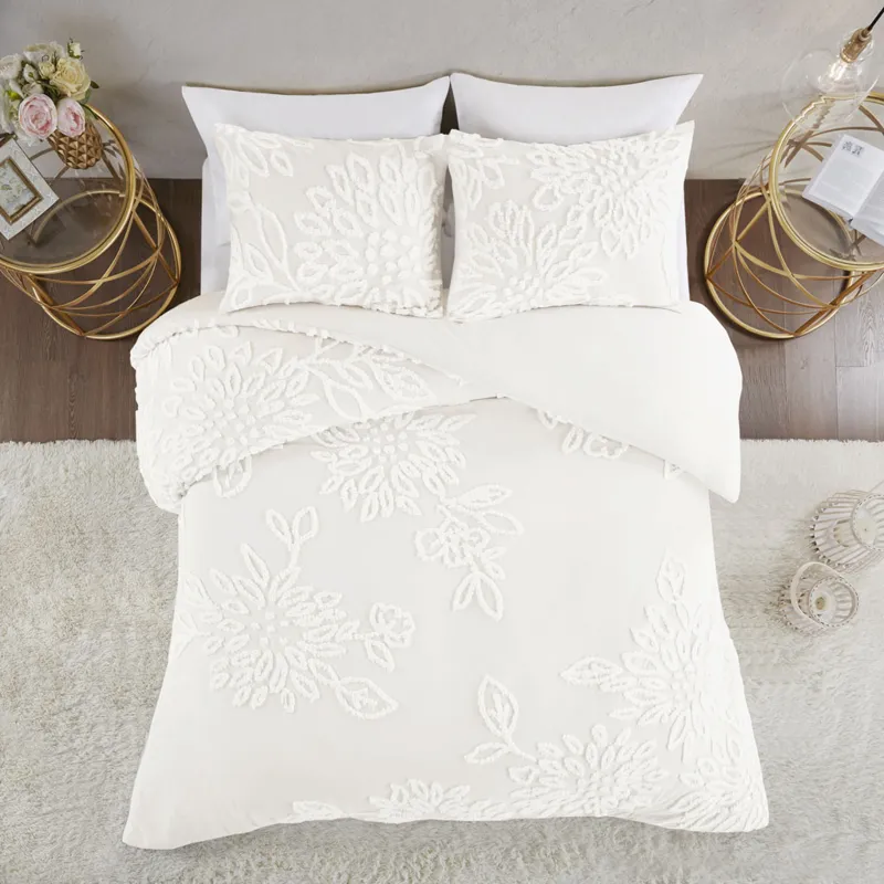 Madison Park Veronica 3 Piece Tufted Cotton Chenille Floral Duvet Cover Set