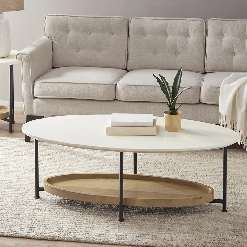 Beaumont Beaumont 2-Tier Oval Coffee Table with Wood Storage Shelf - White/Natural