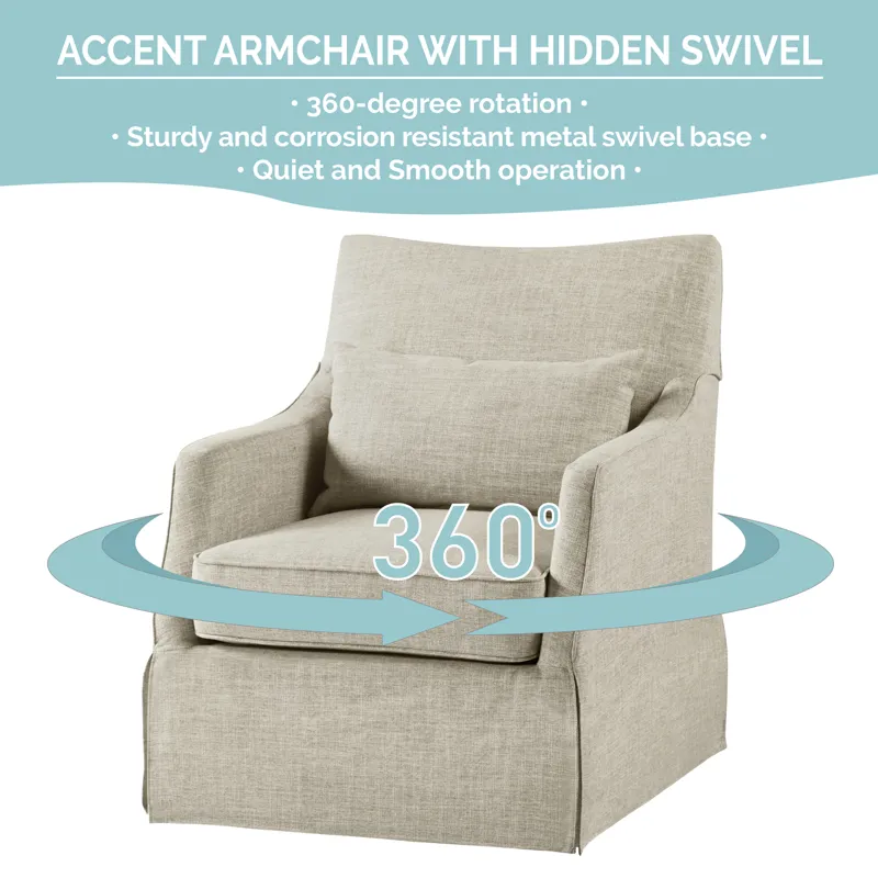 London London Upholstered Skirted Swivel Armchair with Lumbar Pillow - Beige Multi