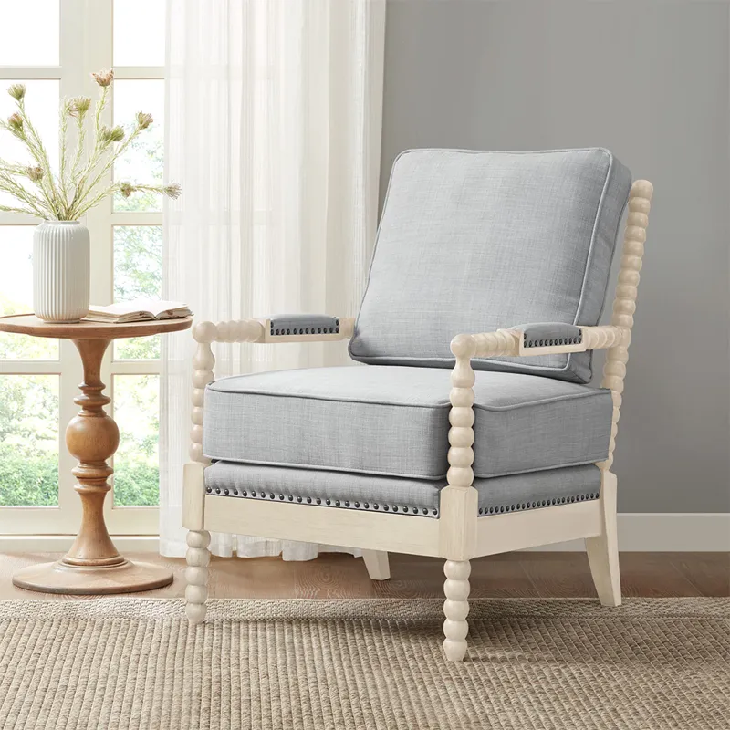 Donohue Turned Wood Frame Armchair - Light Blue/Antique Cream