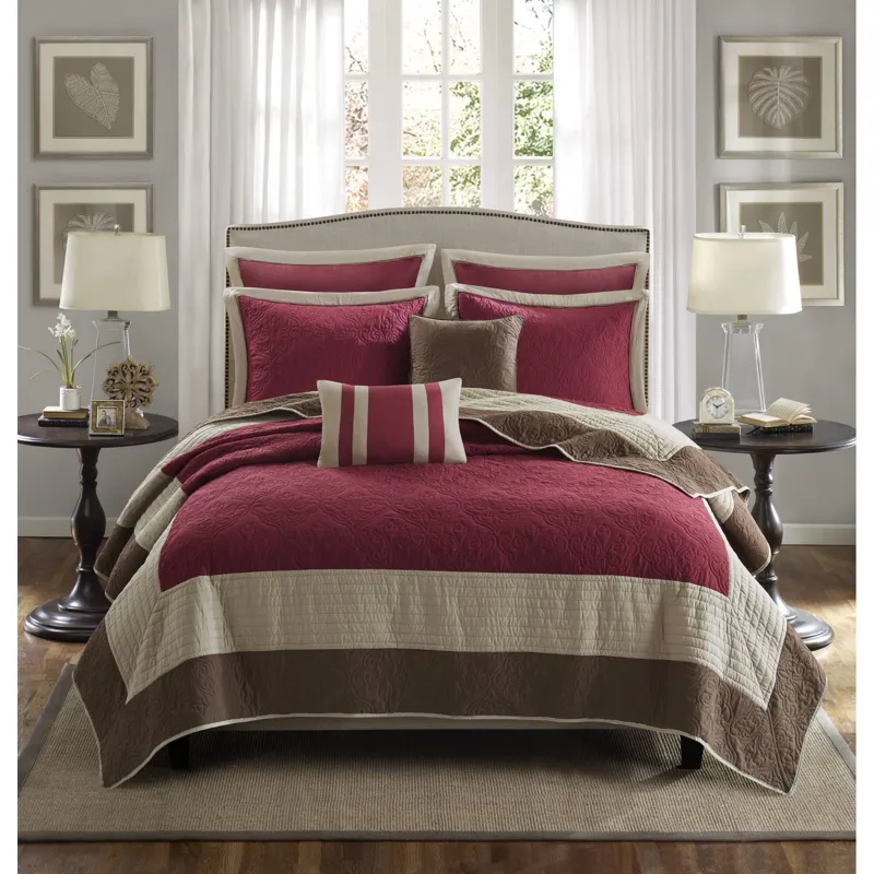 Attingham Full/Queen 7 Piece Quilt Set with Euro Shams and Throw Pillows - Red