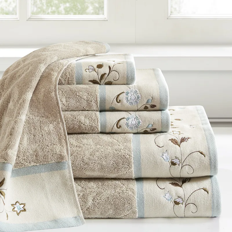 Serene Embroidered Cotton Jacquard 6 Piece Towel Set - Blue