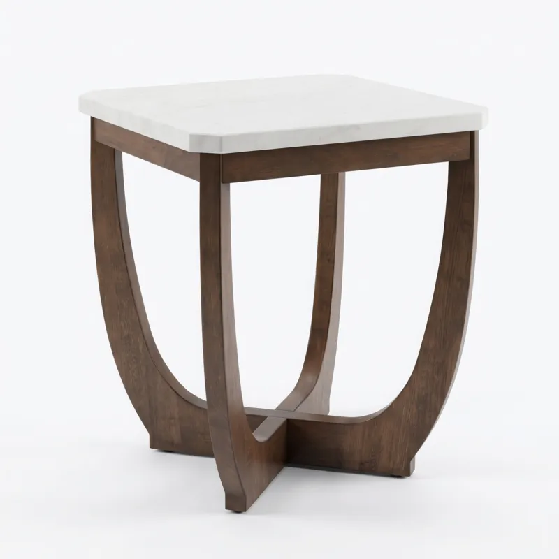 Nicole Miller Calvedra Curve Marble-Look End Table with Curved Walnut Wood Base - White Marble/Walnut