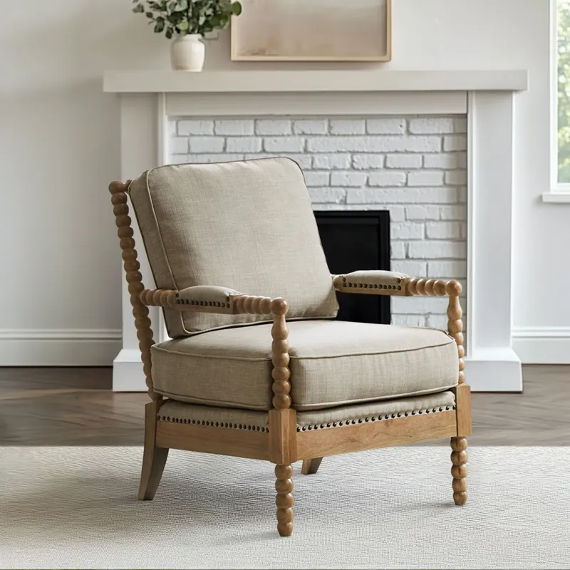 Donohue Turned Wood Frame Armchair - Light Grey/Camel Oak