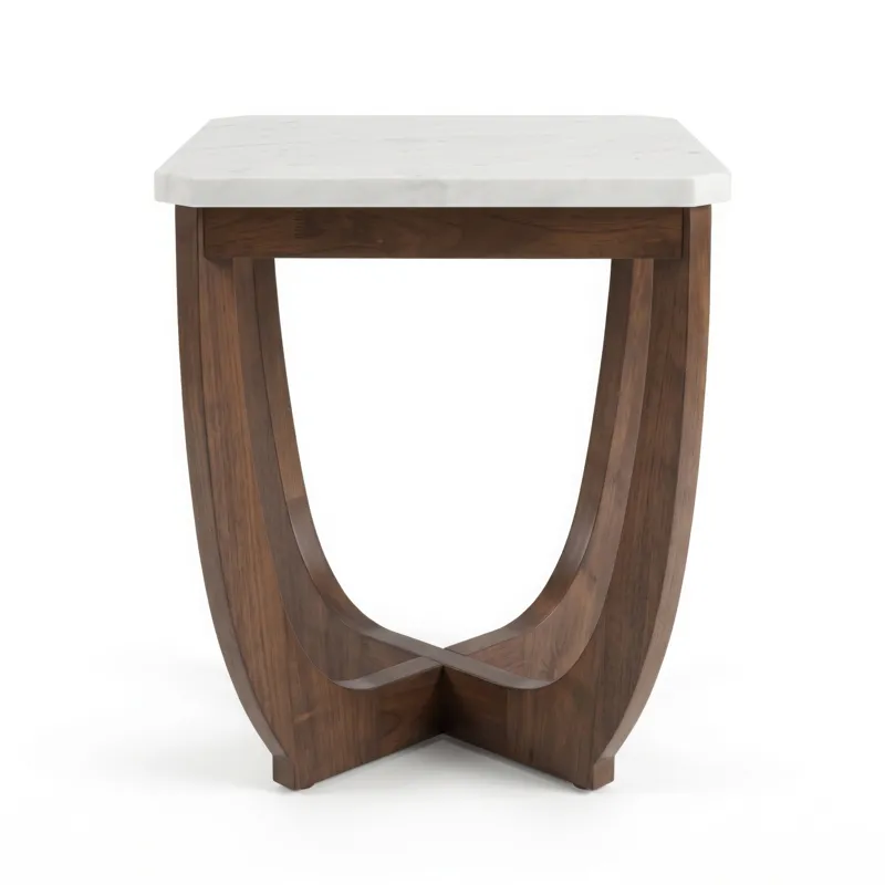 Nicole Miller Calvedra Curve Marble-Look End Table with Curved Walnut Wood Base - White Marble/Walnut
