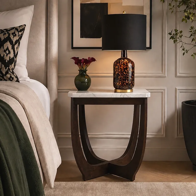 Nicole Miller Calvedra Curve Marble-Look End Table with Curved Walnut Wood Base - White Marble/Walnut