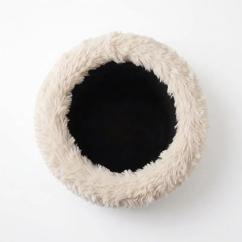 Nicole Miller Frost Faux Fur Round Storage Ottoman with Wood Plinth - Cream