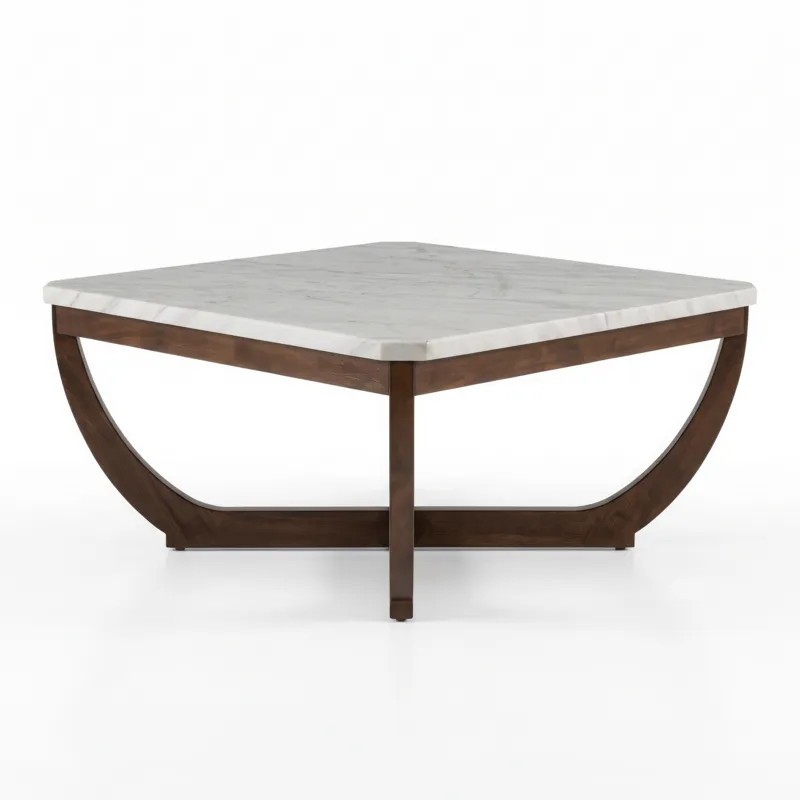 Nicole Miller Calvedra Curve Marble-Look Coffee Table with Curved Walnut Wood Legs - White Marble/Walnut
