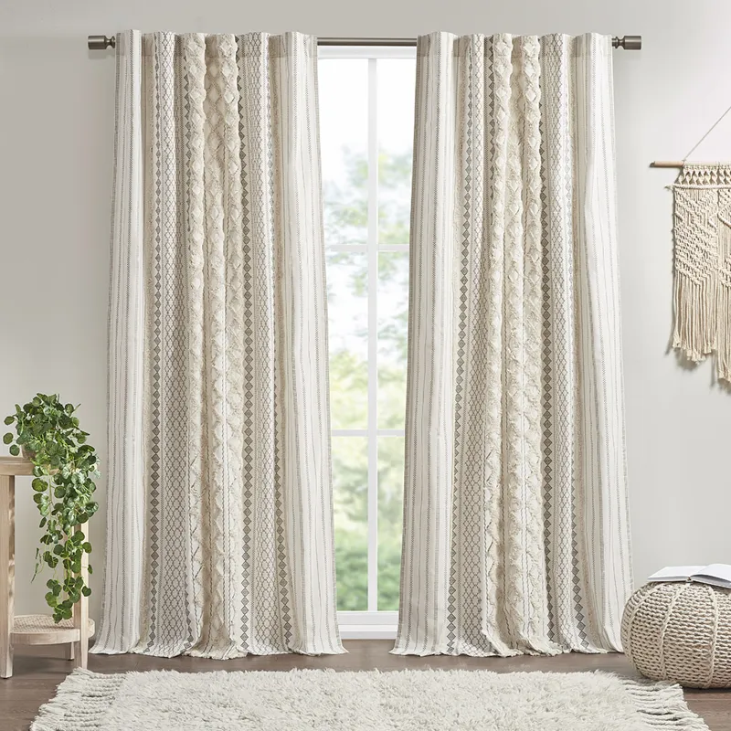 Imani Cotton Printed Curtain Panel with Chenille Stripe and Lining - Ivory