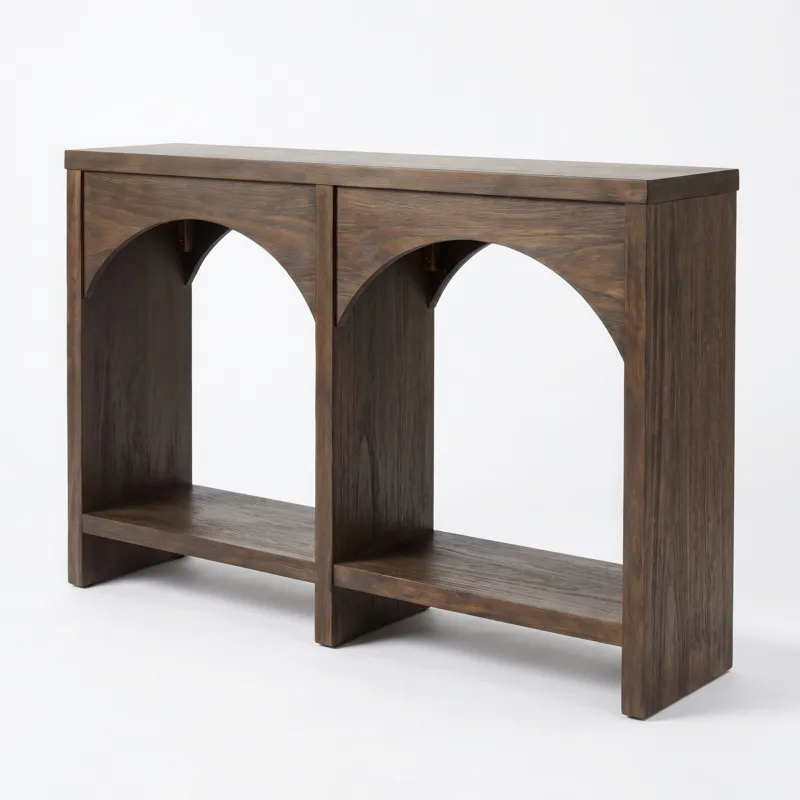 Nicole Miller Bellcourt Arch Wood Console Table with Double-Arch Open Shelves - Walnut Brown