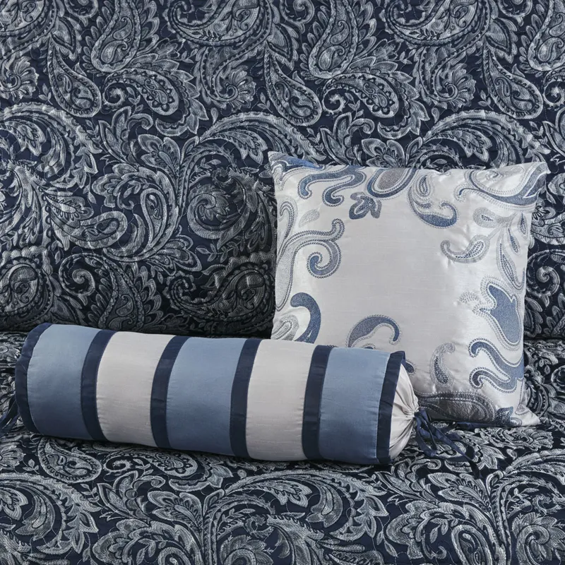 Aubrey King 5 Piece Jacquard Bedspread Set with Throw Pillows - Navy