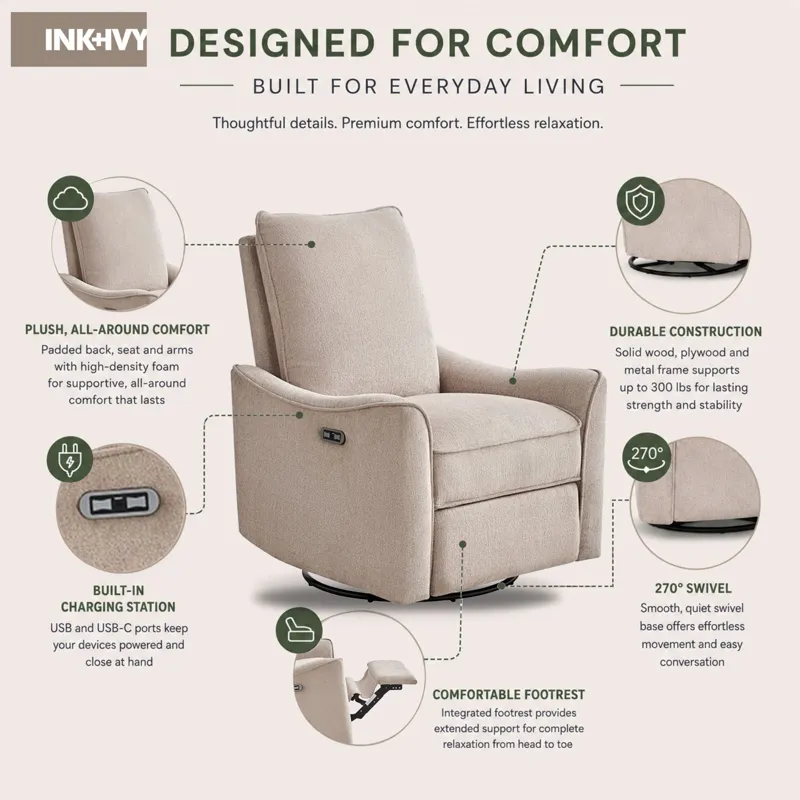 INK+IVY Cameron Power Recliner 3-in-1 with Swivel, Glider, Charging Station