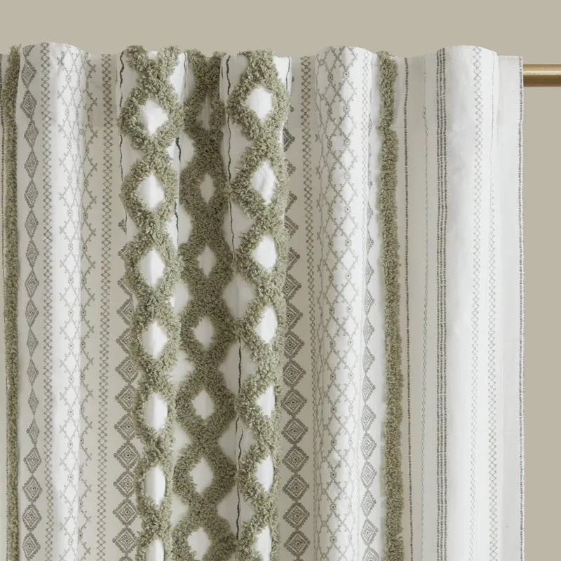 Imani Cotton Printed Curtain Panel with Chenille Stripe and Lining - Green