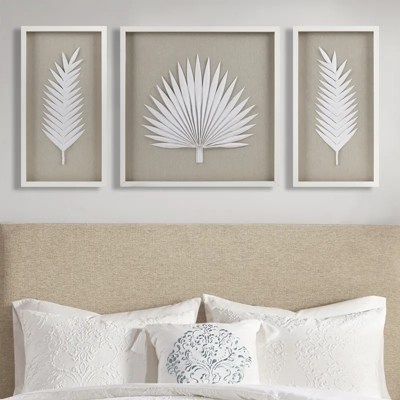 Madison Park Sabal Framed Rice Paper Palm Leaves 3-piece Shadowbox Wall Decor Set - Off-White