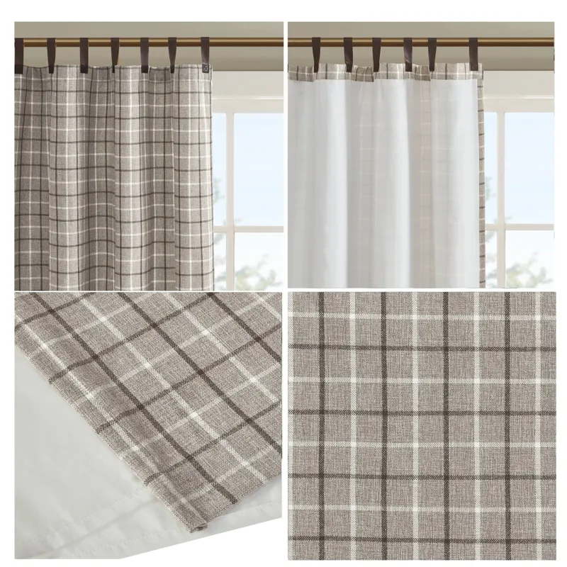 Madison Park Anaheim Plaid Faux Leather Tab Top Curtain Panel with Fleece Lining