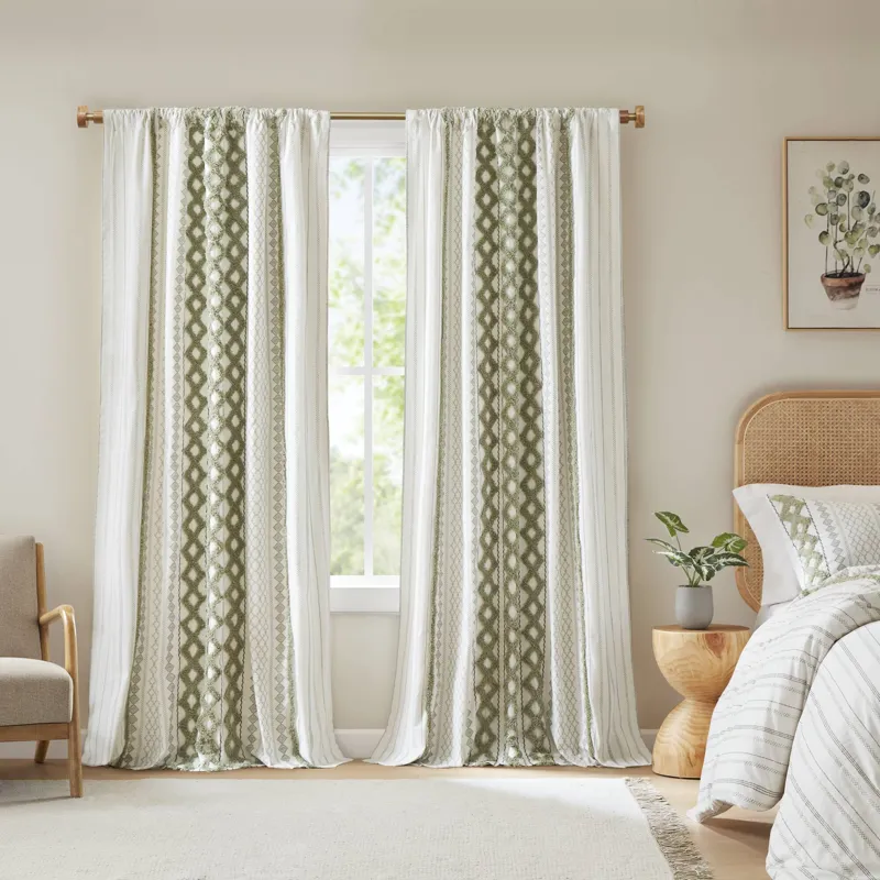 Imani Cotton Printed Curtain Panel with Chenille Stripe and Lining - Green
