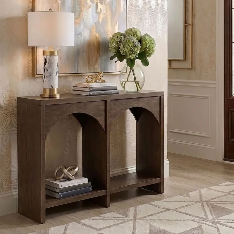 Nicole Miller Bellcourt Arch Wood Console Table with Double-Arch Open Shelves - Walnut Brown
