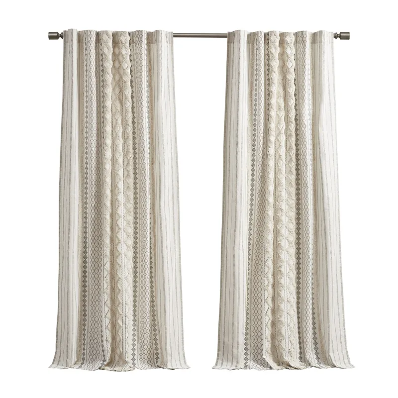 Imani Cotton Printed Curtain Panel with Chenille Stripe and Lining - Ivory