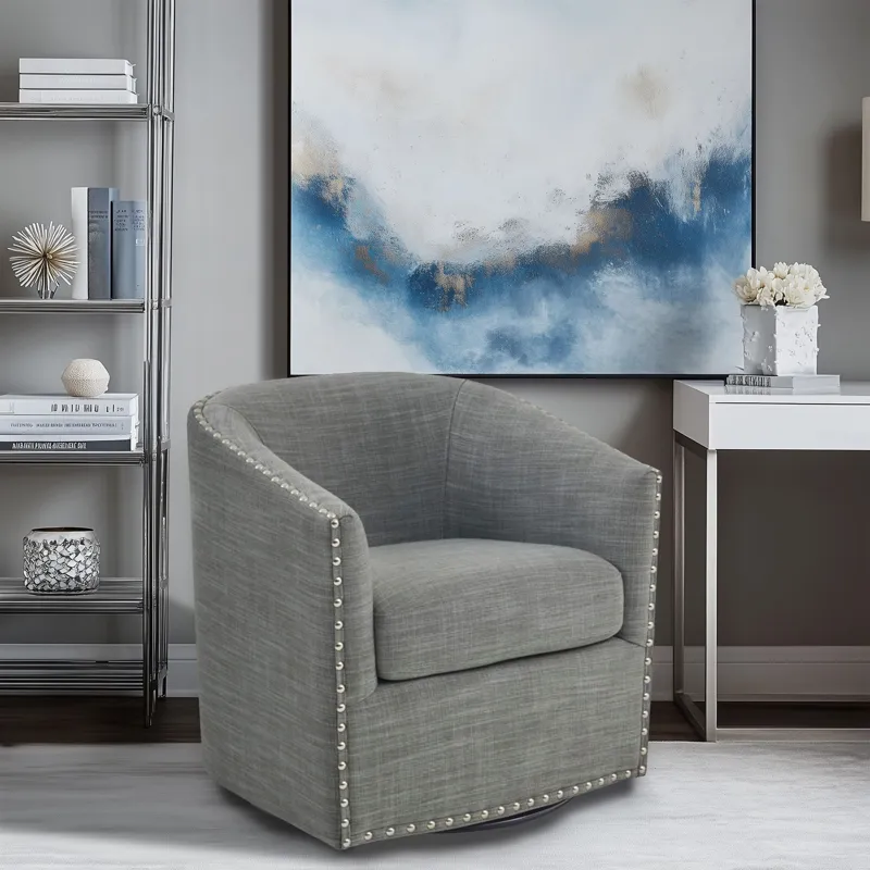 Tyler Upholstered Swivel Barrel Chair with Nailheads - Grey