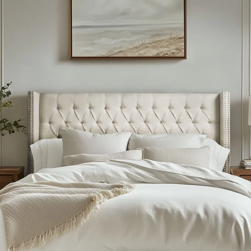 Amelia King Upholstered Wingback Headboard with Button Tufting & Nailhead Trim - Cream