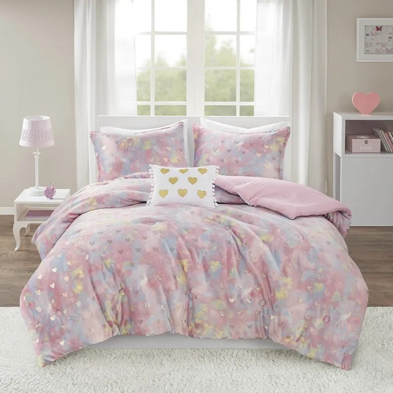 Mi Zone Rosalie Metallic Printed Plush Comforter Set with Throw Pillow