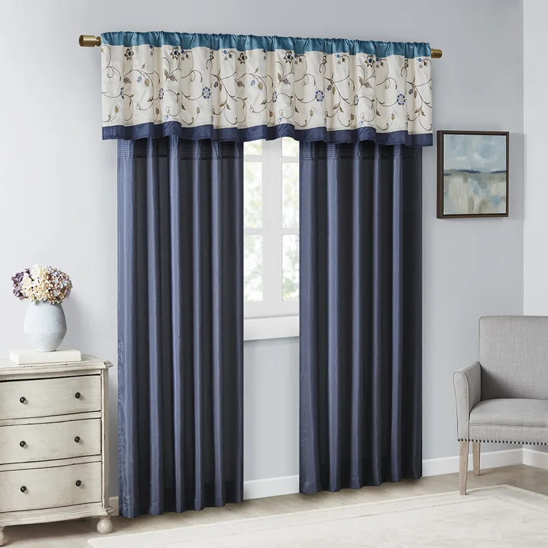 Serene Embroidered Curtain Panel - Navy
