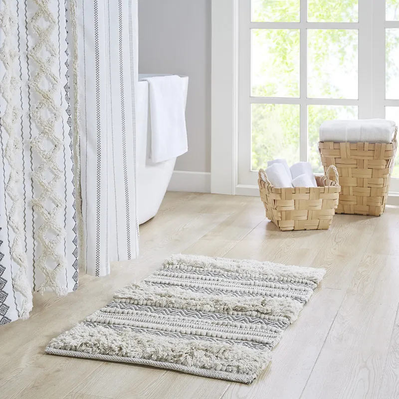 Asher Woven Texture Stripe Bath Rug - Grey