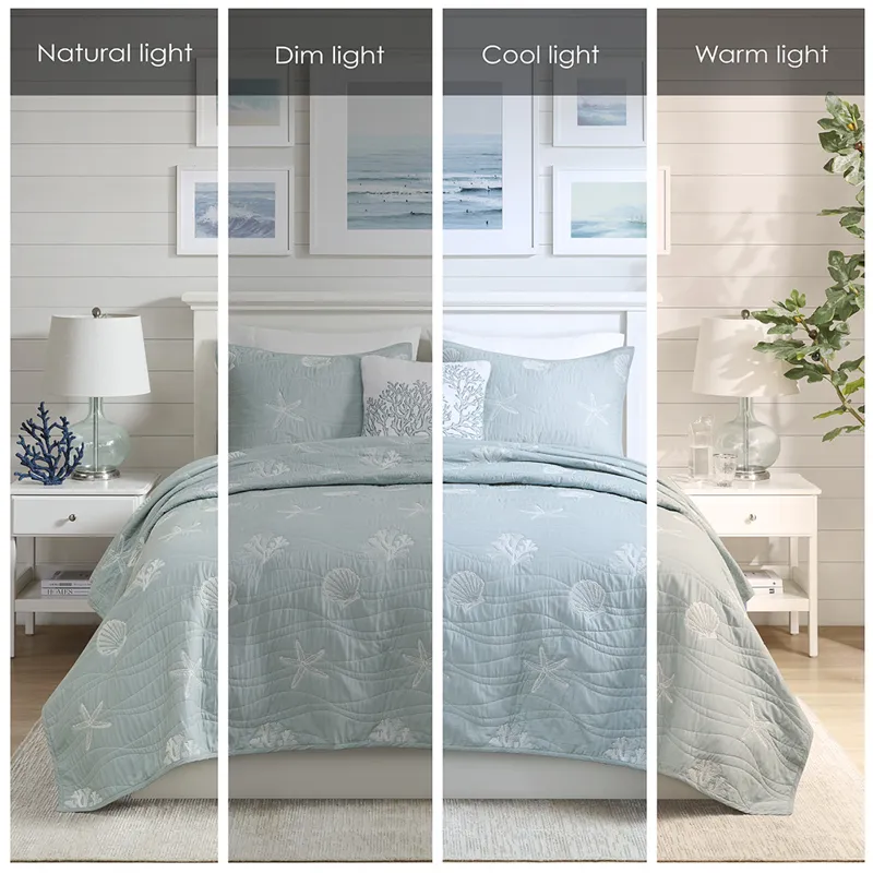 Harbor House Blue Seaside 4 Piece Cotton Reversible Embroidered Quilt Set with Throw Pillow
