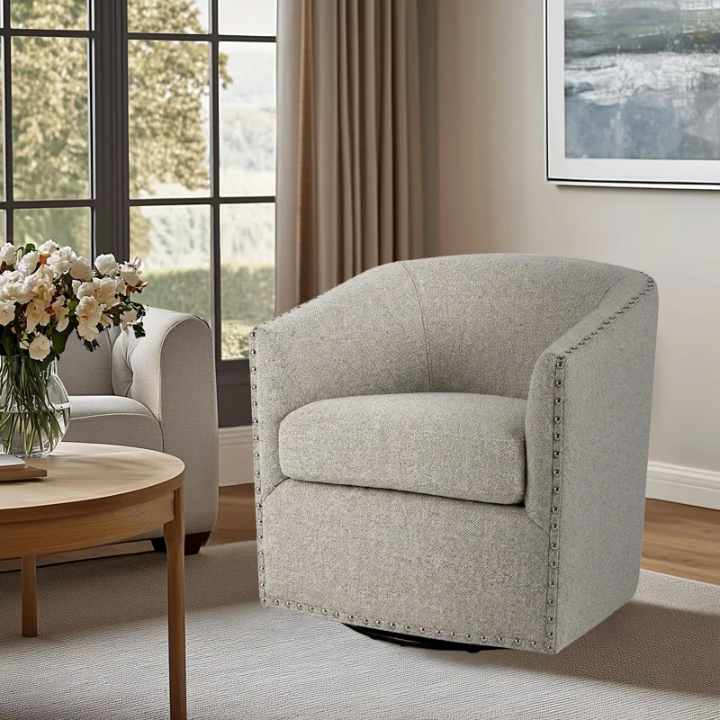 Madison Park Tyler Upholstered Swivel Barrel Chair with Nailheads