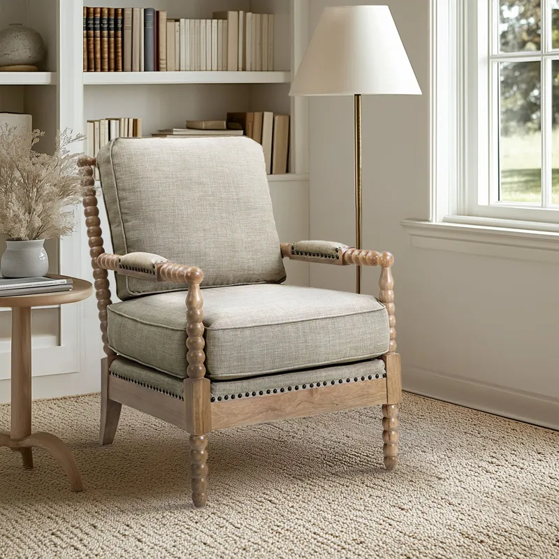 Donohue Turned Wood Frame Armchair - Light Grey/Camel Oak