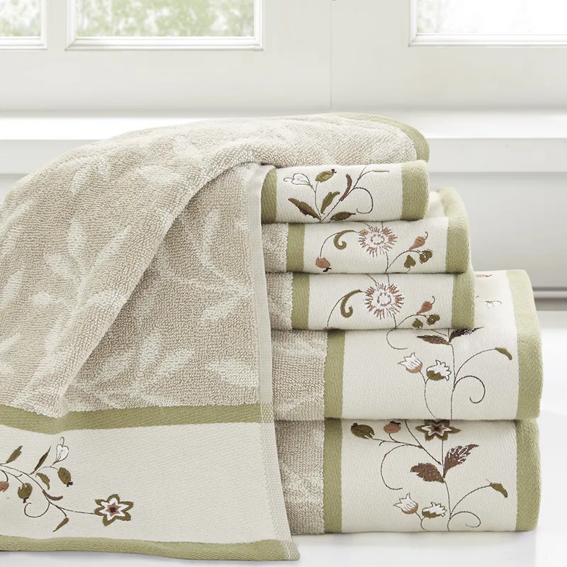 Serene Embroidered Cotton Jacquard 6 Piece Towel Set - Green