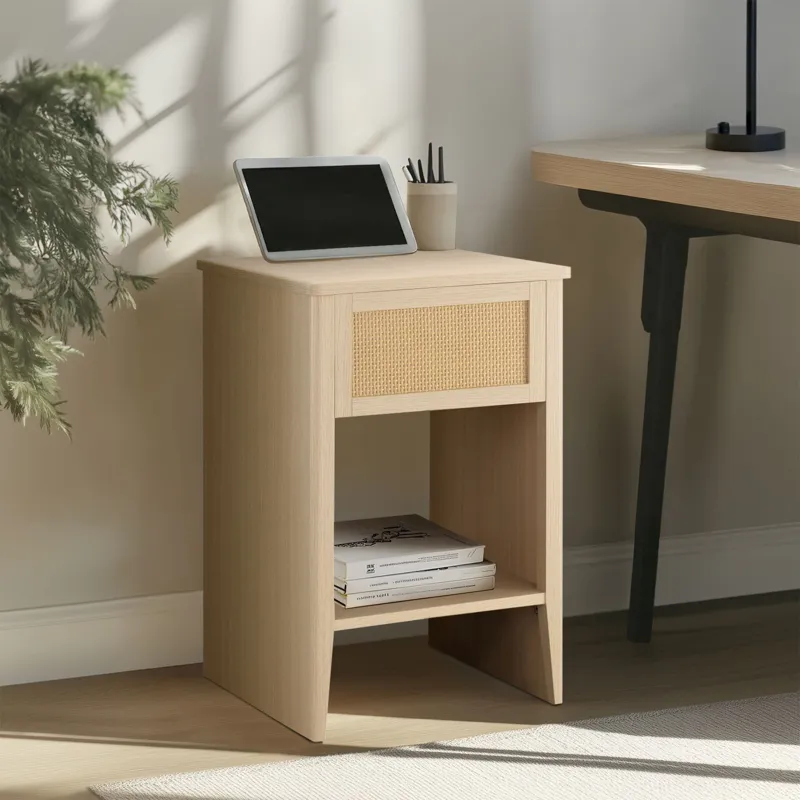 Lennox Rattan Accent Side Table with Drawer Storage & Lower Open Shelf - Natural