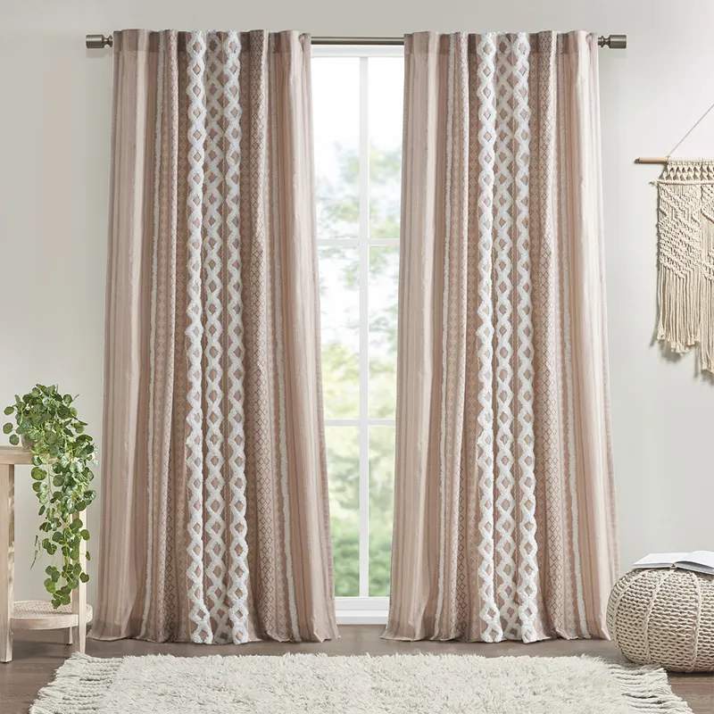 Imani Cotton Printed Curtain Panel with Chenille Stripe and Lining - Blush