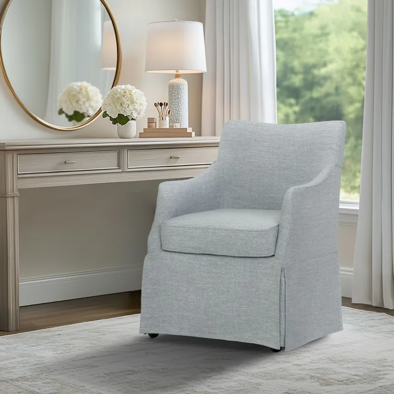 London Upholstered Skirted Dining Arm Chair with Hidden Casters - Light Blue