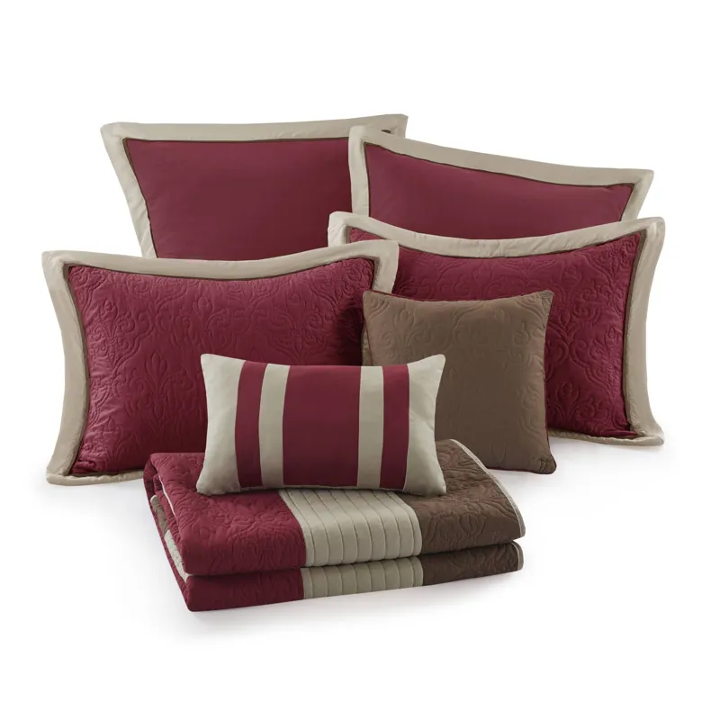 Attingham Full/Queen 7 Piece Quilt Set with Euro Shams and Throw Pillows - Red