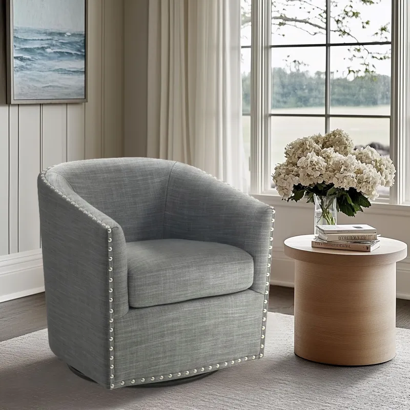 Tyler Upholstered Swivel Barrel Chair with Nailheads - Grey