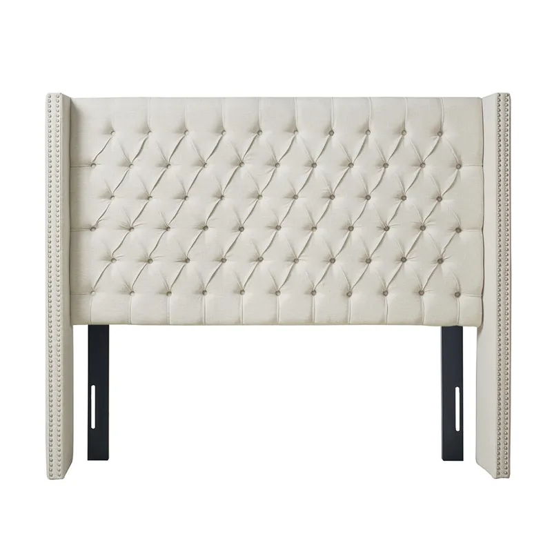 Amelia Queen Upholstered Wingback Headboard with Button Tufting & Nailhead Trim - Cream