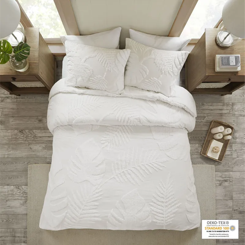 Bahari King/California King 3 Piece Tufted Cotton Chenille Palm Duvet Cover Set - Off-White