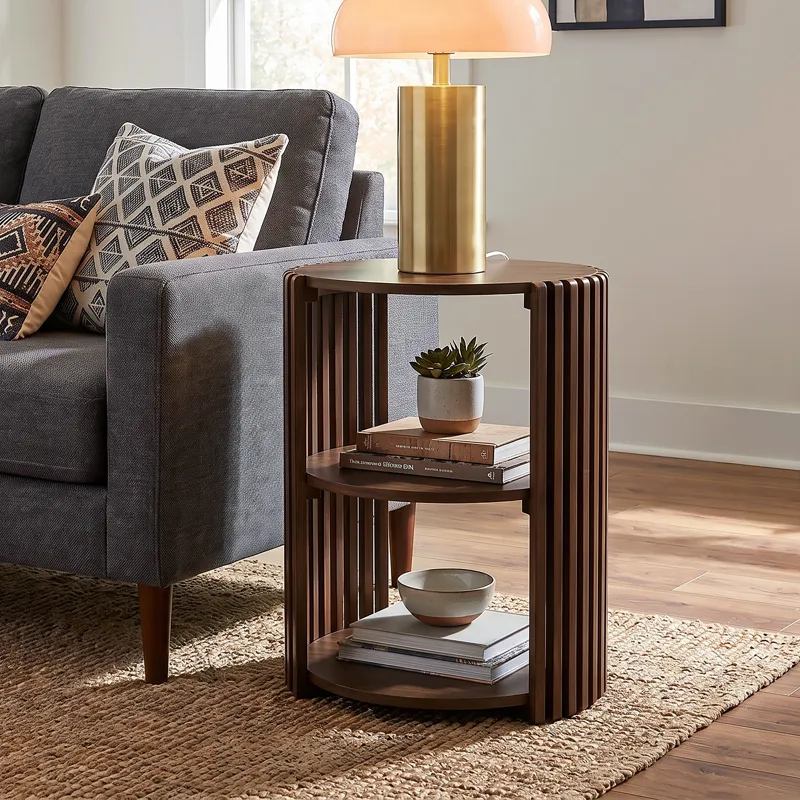 INK+IVY Wyatt Round Slatted Wood End Table with 2-Tier Open Storage - Honey Brown