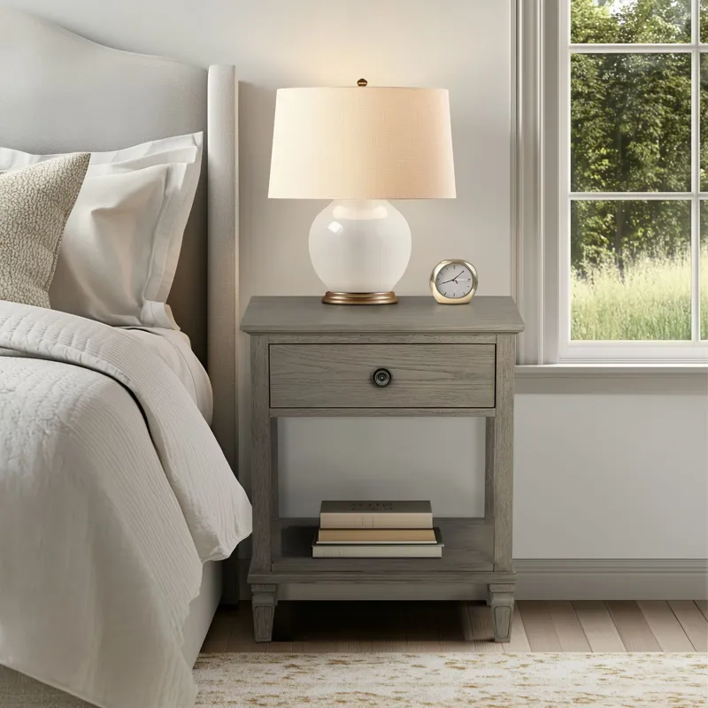 Victoria one-drawer wood bedside table with shelf - Reclaimed Grey