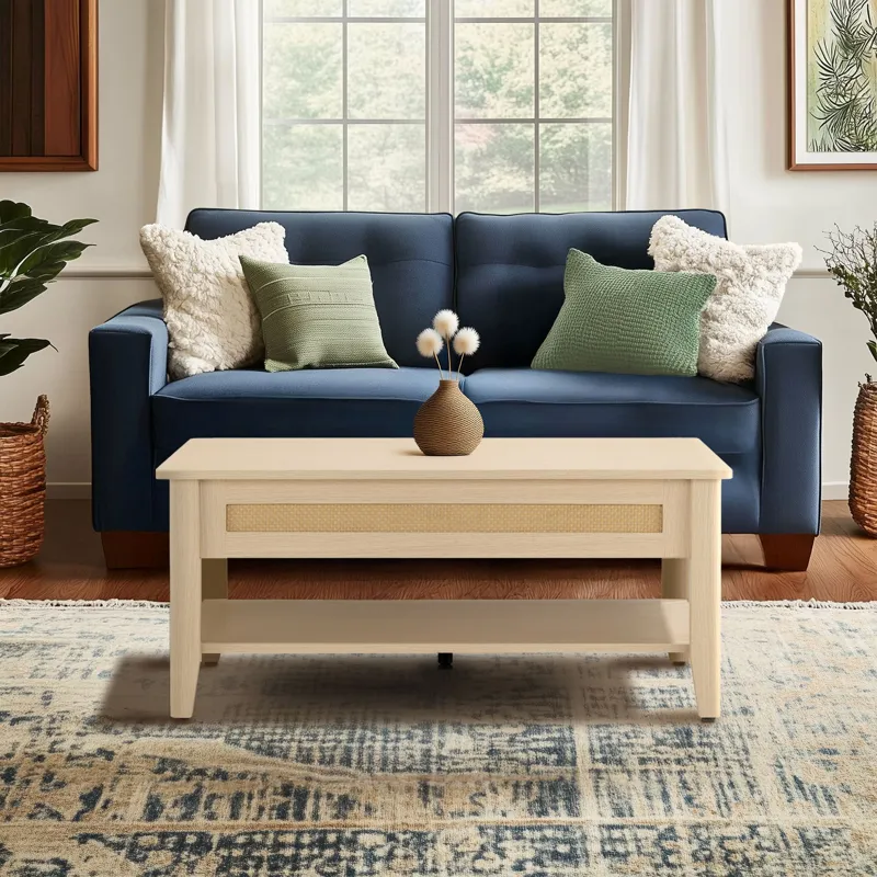 Lennox Rattan Lift-Top Coffee Table with Storage & Lower Open Shelf - Natural