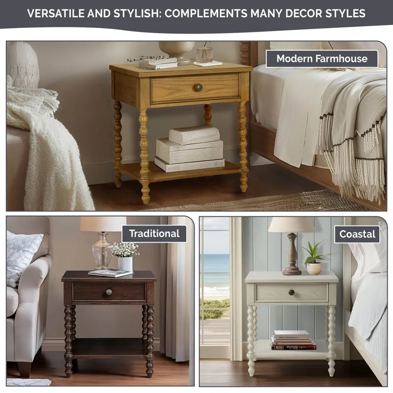 Beckett Turned Wood Spindle Nightstand with Drawer & Shelf - Antique Cream