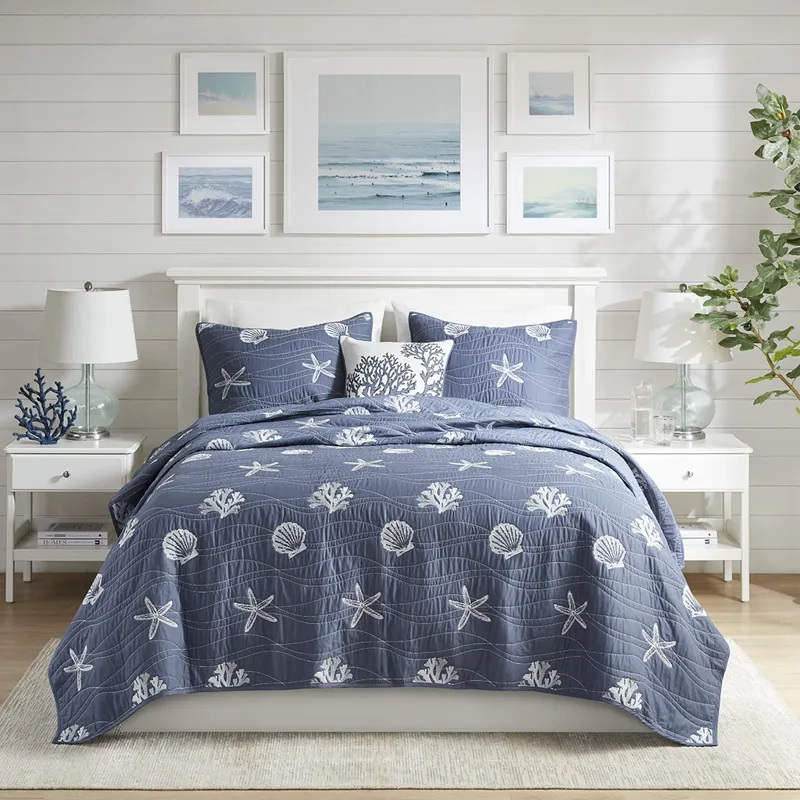 Harbor House Blue Seaside 4 Piece Cotton Reversible Embroidered Quilt Set with Throw Pillow