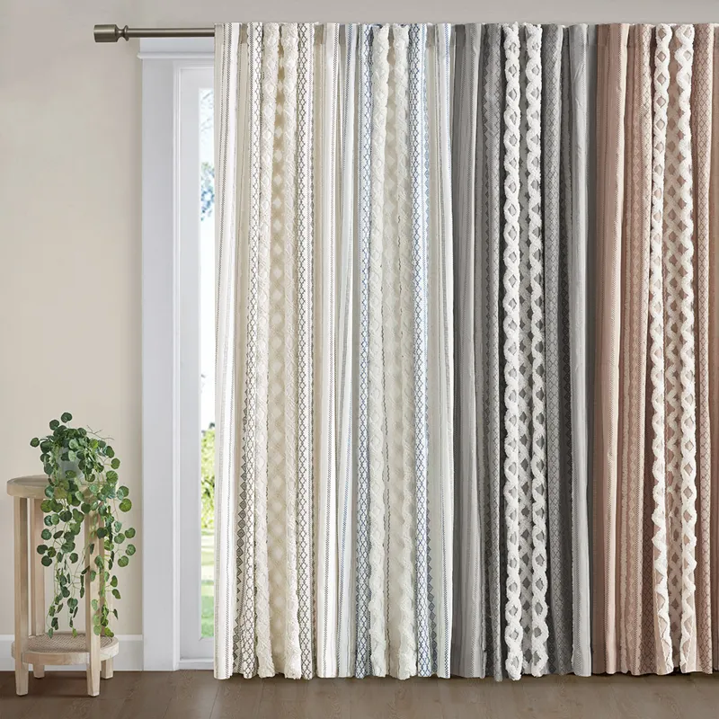 Imani Cotton Printed Curtain Panel with Chenille Stripe and Lining - White/Navy
