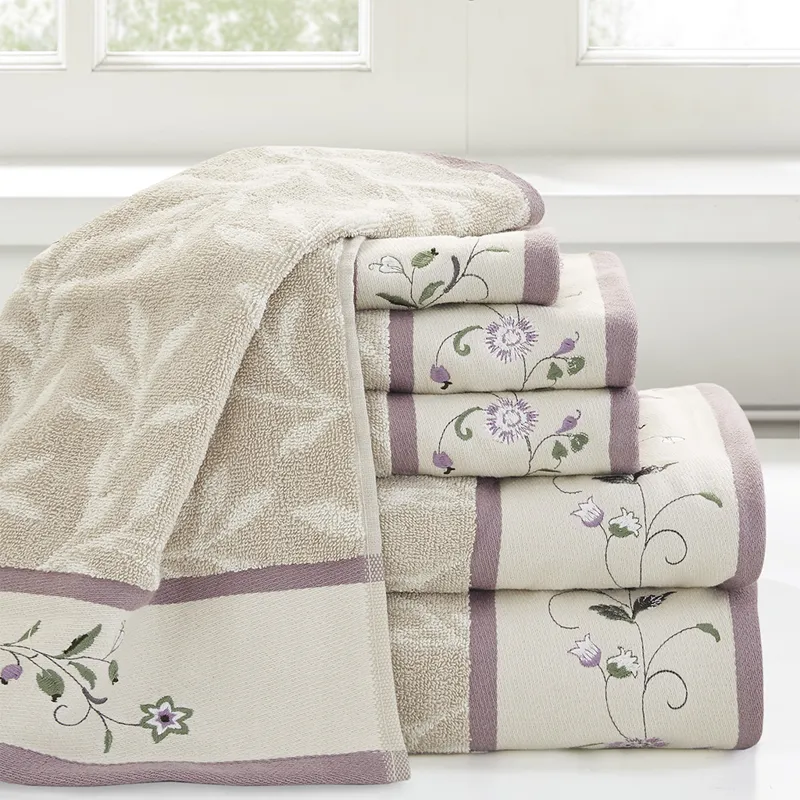Serene Embroidered Cotton Jacquard 6 Piece Towel Set - Purple