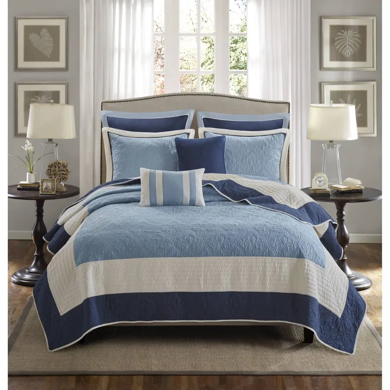 Attingham King/California King 7 Piece Quilt Set with Euro Shams and Throw Pillows - Navy