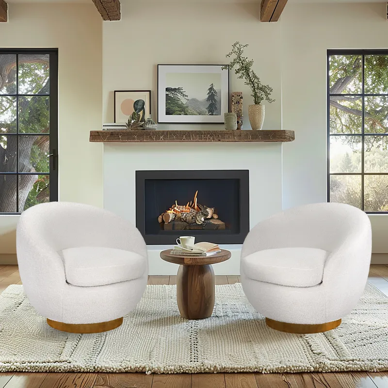 Jessel Shearling Sherpa Swivel Chair with Wood Base - Cream