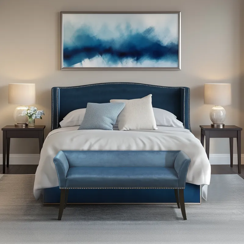 Welburn 49.5\" Upholstered Bench with Back & Wood Legs - Blue