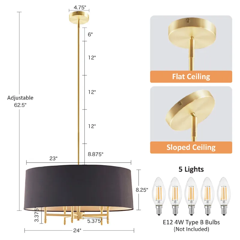 Presidio Presidio 5-Light Dimmable Chandelier with Drum-shaped Fabric Shade & Adjustable Height - Go