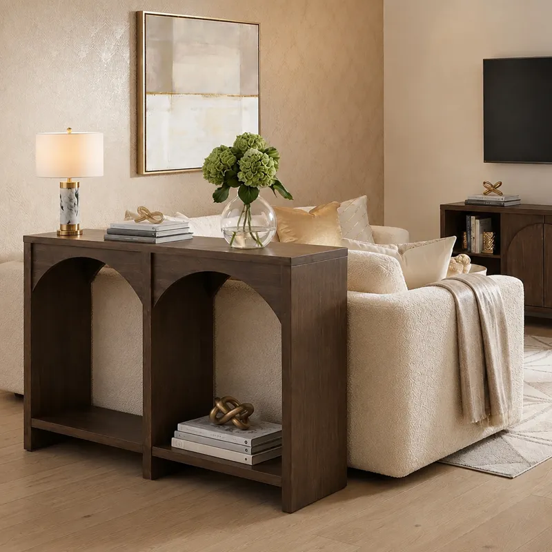 Nicole Miller Bellcourt Arch Wood Console Table with Double-Arch Open Shelves - Walnut Brown